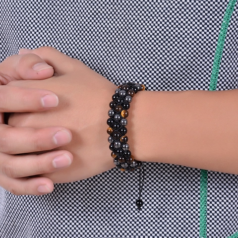 Pulsera Trenzada De Triple Fila Piedra Natural Ojo De Tigre Hematita Obsidiana Joyería Hecha A Mano Ajustable Hombre Unisex