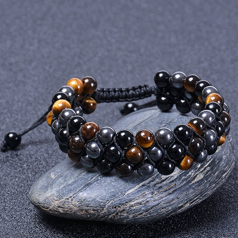 Pulsera Trenzada De Triple Fila Piedra Natural Ojo De Tigre Hematita Obsidiana Joyería Hecha A Mano Ajustable Hombre Unisex