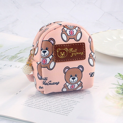 Mini Zaino Forma Portamonete Pelle PU Cartone Animato Orso Portachiavi Pendente Con Perla Artificial Cerniera Piccola Borsa Per Ragazze