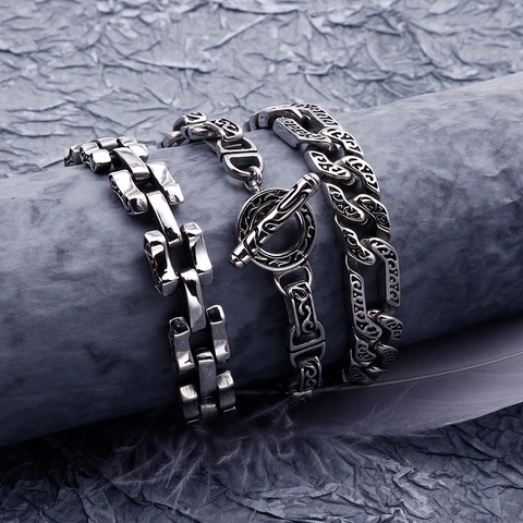 Men Stainless Steel Bracelet Vintage Pattern OT Buckle Punk Industrial Jewelry Retro Silver Color Chain