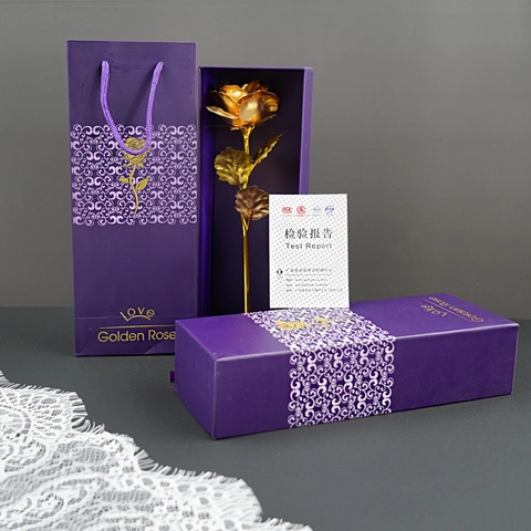 Fleur De Rose Artificielle Feuille D'or Simulation 24K Avec Boîte Cadeau Et Sac Pour Décoration De Saint Valentin Mariage