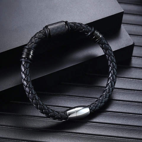 Herren Geflochtenes Lederarmband Mit Kohlefaser Edelstahl Magnetverschluss Vintage Ethno Stil Armreif Für Männer