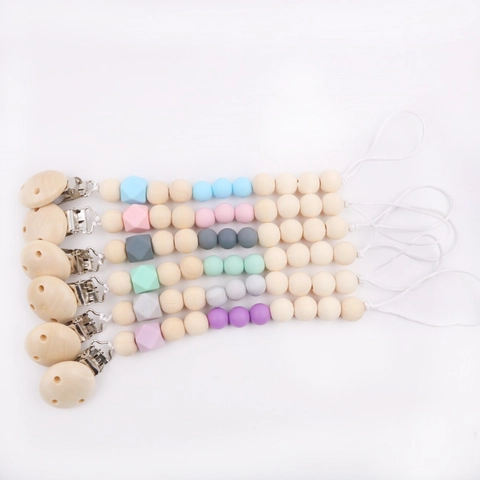 Baby Pacifier Chain Clip Silicone Wood Beads Teether Soother Holder Infant Nursing Accessory