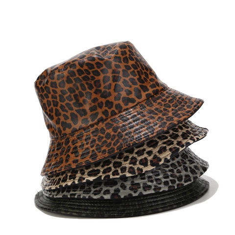 Women Leopard Print Bucket Hat PU Leather Reversible Wide Brim Fashion Retro Outdoor Autumn Winter Fisherman Hat