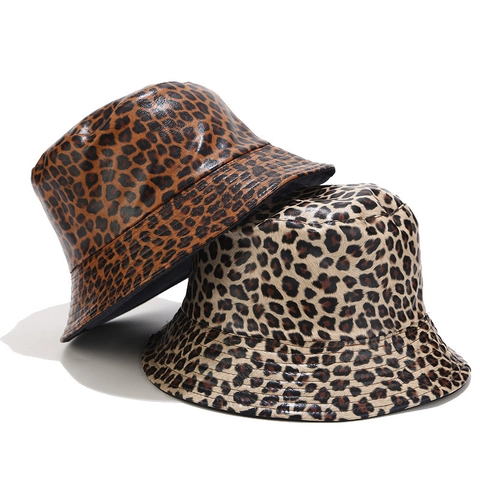 Women Leopard Print Bucket Hat PU Leather Reversible Wide Brim Fashion Retro Outdoor Autumn Winter Fisherman Hat