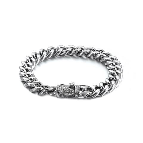 Pulsera De Eslabones Cubanos Para Hombre Acero Inoxidable Pulido Cadena Hip Hop Con Cierre De Diamantes