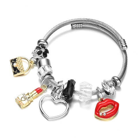 Charm Armband Voor Dames Verstelbaar Roestvrij Staal Gedraaid Emaille Lippenstift Hart Lip Handtas Hangers Mode