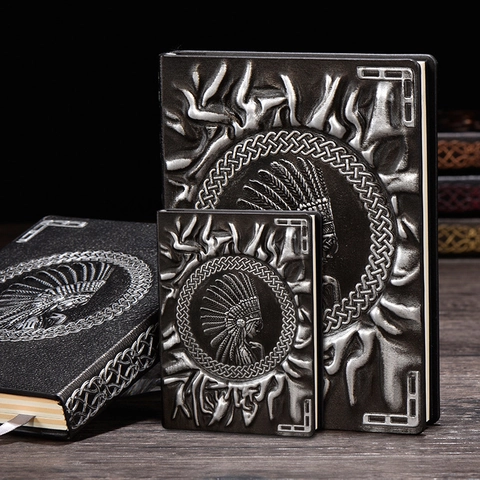 Retro Embossed Notebook PU Leather Hardcover Indian Chieftain 3D Relief Vintage Journal With Ribbon Bookmark