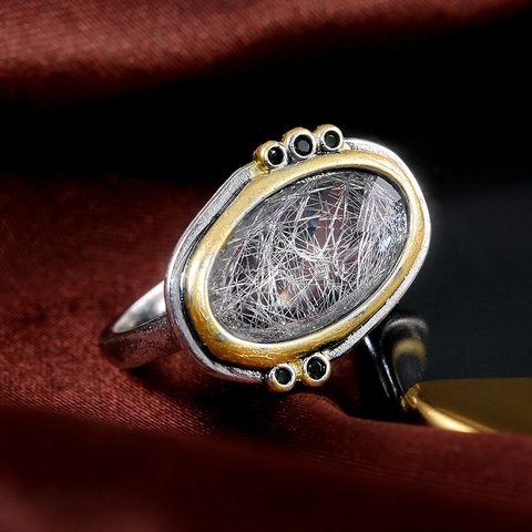 Vintage Bohemian Two Tone Copper Ring For Women With Oval Rutilated Quartz Zircon Inlay Ethnic Retro Jewelry Accessory