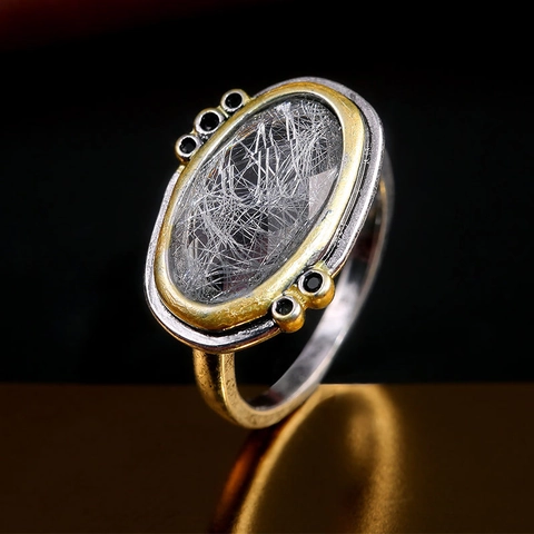 Vintage Bohemian Two Tone Copper Ring For Women With Oval Rutilated Quartz Zircon Inlay Ethnic Retro Jewelry Accessory
