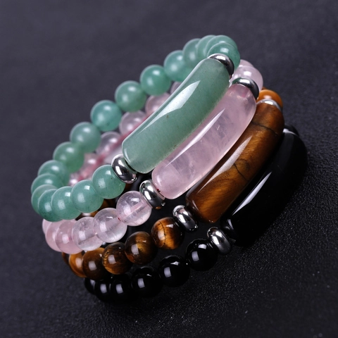 Natural Stone Beaded Bracelet Polished Tiger Eye Rose Quartz Agate Bracelet Minimalist Stainless Steel Healing Jewelry For Men Women Gift