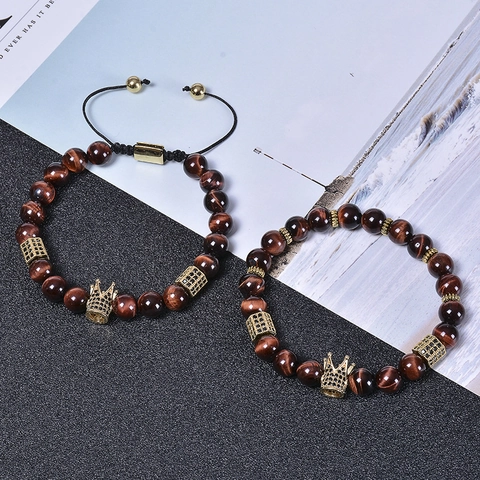 Natural Red Tiger Eye Stone Bracelet With Micro Pave Cubic Zirconia Crown Charm Beaded Adjustable Jewelry Gift