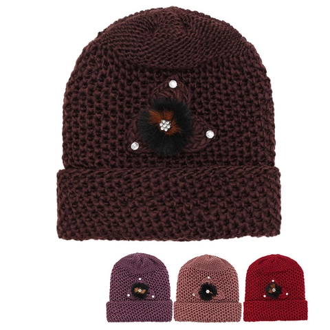 Berretto Invernale Da Donna Con Fodera In Pile Maglia Spessa Con Pompon In Pelliccia Sintetica E Strass