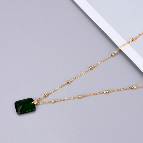Emerald Cut Green Zircon Pendant Necklace Titanium Steel Vacuum 18K Gold Plated Satellite Beaded Chain Vintage Jewelry