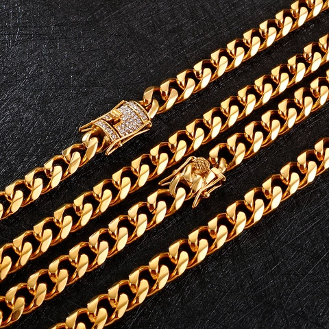 Collar De Cadena De Eslabones Cubanos Para Hombre Acero Inoxidable 316L Hebilla De Strass Iced Out Joyería Hip Hop