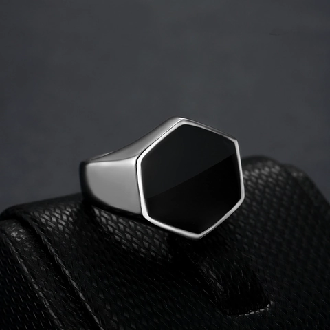 Anello a Sigillo Esagonale Minimalista In Smalto Nero Per Uomo In Acciaio Inossidabile Lucido Geometrico Anello Alla Moda Gioielli