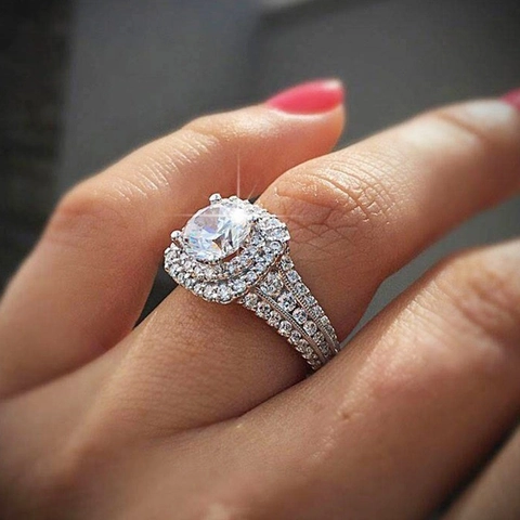 Round Cut Cubic Zirconia Ring Brass Double Halo Pavé Band Luxury Engagement Wedding Jewelry For Women Elegant Sparkling