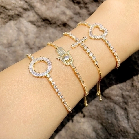 Bracciale In Rame Regolabile Da Donna Placcato Oro Zirconia Cuore Croce Hamsa Ciondolo Gioielli Di Moda Fascino