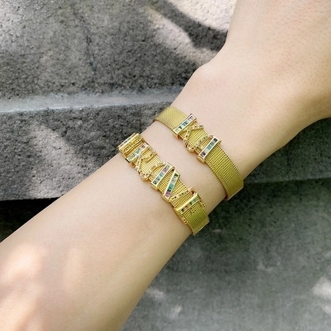 Pulsera De Malla Estilo Correa De Reloj Cobre Chapado En Oro Circonita Arcoíris Letra Alfabeto Ajustable Joyería Moda Mujer