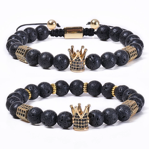 Bracciale In Pietra Lavica Corona In Rame Zircone Corda Intrecciata Regolabile Diffusore Oli Essenziali Gioielli Unisex