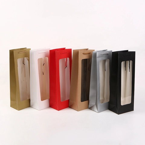 Portable Wine Gift Bag With Clear Window Handheld Single Bottle Packaging Kraft Paper Tote Bag For Birthday Wedding Party