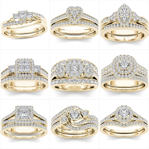 Luxury Alloy Zirconia Ring Set For Women Halo Pave Round Cut Engagement Wedding Rings Vintage Jewelry Gift