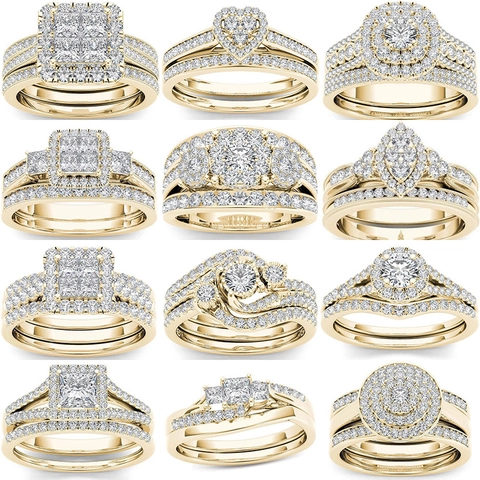 Women Wedding Engagement Bridal Rings Alloy Cubic Zirconia Halo Gold Plated Luxury Classic Jewelry Accessory