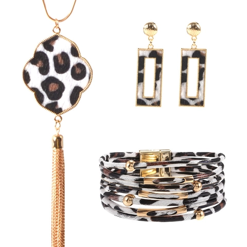 Fashion Leopard Print Jewelry Collection Alloy Faux Leather Tassel Necklace Heart Earrings Multilayer Bracelet Bohemian Accessory