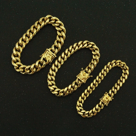 Bracciale a Catena Cubana in Acciaio Inossidabile Hip Hop da Uomo Stile Street Spesso Oro Argento Lucidato Gioielli