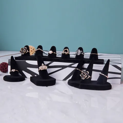Black Flocked Ring Display Stand Resin Velvet Jewelry Storage Organizer Rack Showcase Multi Finger Holder