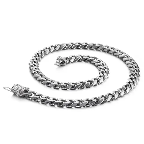 Collar Hombre Cuban Link Acero Inoxidable 316L Hip Hop Punk Streetwear Joyería Con Cierre Corona Pedrería
