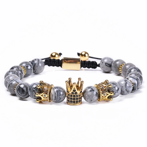 Bracciale In Perline Di Pietra Naturale Con Corona In Rame Micro Intarsiato Di Zirconi Gioielli Regolabili