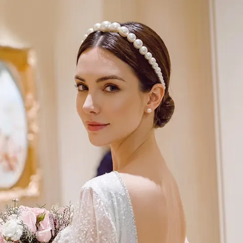 Koreanischer Stil Weiß Künstliche Perle Stirnband Mit Satinband Für Mädchen Hochzeit Braut Haarschmuck Blumenmädchen Kopfschmuck