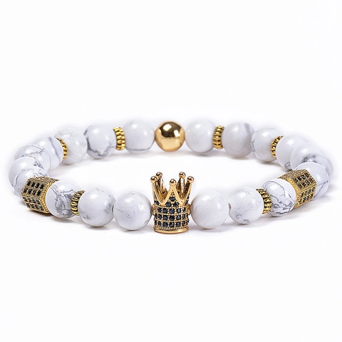 Armband Aus Weißem Howlith Perlen Mit Kupfer Micro Pave Zirkonia Krone Charm Vintage Verstellbar Schmuck Für Herren Damen