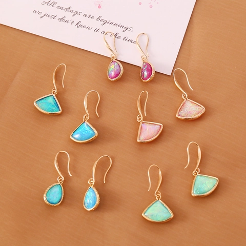 Drop Hook Earrings Gold Plated Alloy Synthetic Opal Fan Shaped Water Drop Vintage Elegant Jewelry For Women