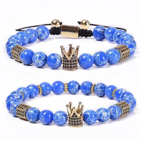 Bracciale Con Ciondolo A Corona Perline In Pietra Imperatore Naturale Rame Micro Pavè Zircone Gioielli Di Moda Regolabili Per Coppie