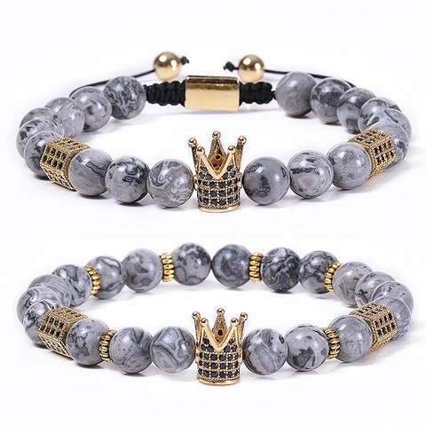 Natural Map Stein Krone Armband Kupfer Mikropavé Zirkon Perlen Verstellbare Seil Schmuck Für Paare