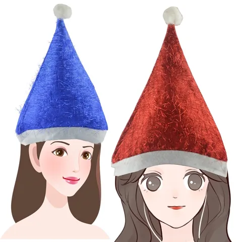 Cappello Babbo Natale Tessuto Metallico Spazzolato Bordo In Peluche Pompon Bianco Decorazione Festa Per Adulti Bambini