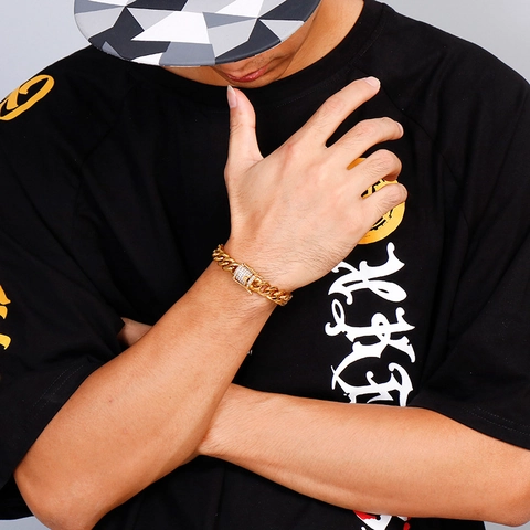 Bracciale A Catena Cubana Da Uomo Acciaio Inossidabile Chiusura In Zirconi Catena Pesante Placcato Oro Hip Hop Gioielli