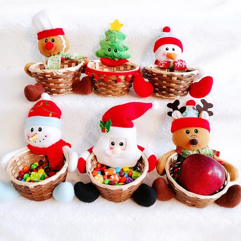 Panier À Bonbons De Noël En Bambou Tissé Rangement Cadeau Père Noël Bonhomme De Neige Renne Peluche Décoration Table