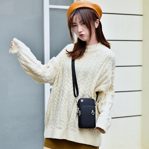 Mini Mobile Phone Crossbody Bag Oxford Fabric Multi-Layer Zipper Heart Puller Earphone Hole Waterproof Casual Handbag