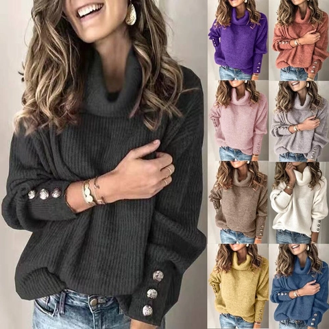 Suéter de Punto de Cuello Alto para Mujer Manga Larga Color Sólido Top Acanalado Con Botones Decorativos en Puños Moda Invierno