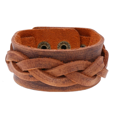 Pulsera Trenzada De Cuero Genuino De Vaca Brazalete Ancho Botón De Presión Ajustable Retro Punk Joyería Étnica Para Hombres