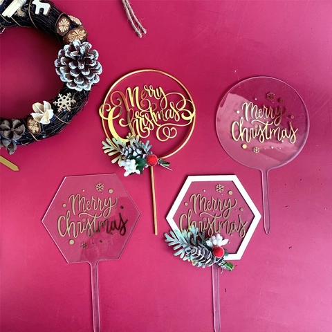 Merry Christmas Cake Topper Acrylic Gold Bronzing Red Berries Pine Cone Holiday Party Decoration Birthday Wedding
