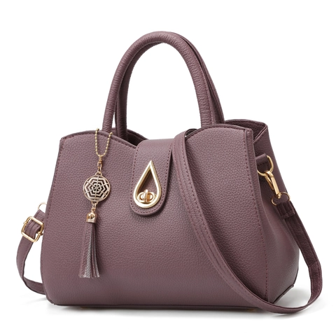 Women Lychee Texture PU Leather Handbag Elegant Fashion Shoulder Crossbody Bag With Water Drop Lock And Tassel Pendant
