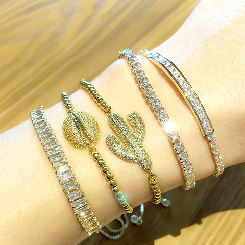Mode Verstelbare Bolo Armband Verguld Koper Micro Pave Zirkoon Cactus Schelp Minimalistische Sieraden Vrouwen
