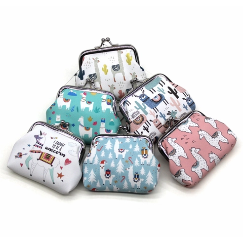 Mini Coin Purse Cartoon Alpaca Pattern PU Leather Wallet With Retro Metal Kiss Lock Clasp For Women Girls Kids Portable Pouch