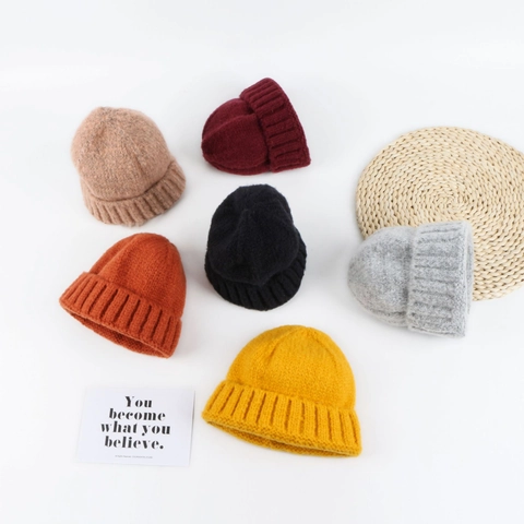 Winter Knitted Beanie Docker Hat For Women Warm Acrylic Solid Color Ribbed Brimless Melon Skin Cap Japanese Style