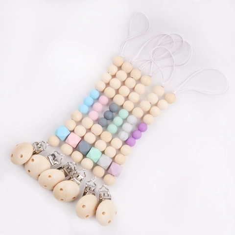 Baby Pacifier Chain Clip Silicone Wood Beads Teether Soother Holder Infant Nursing Accessory
