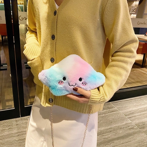 Carina Borsa A Tracolla In Peluche A Forma Di Nuvola Donna Catena In Metallo Dorato Viso Sorridente Ricamato